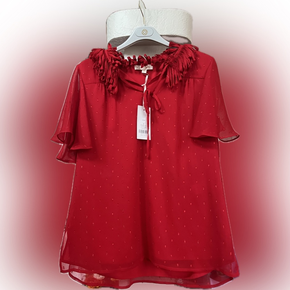 ETCETRA, new with tags, red Isabella blouse, polyester w/ sparkle‎ & ruffle